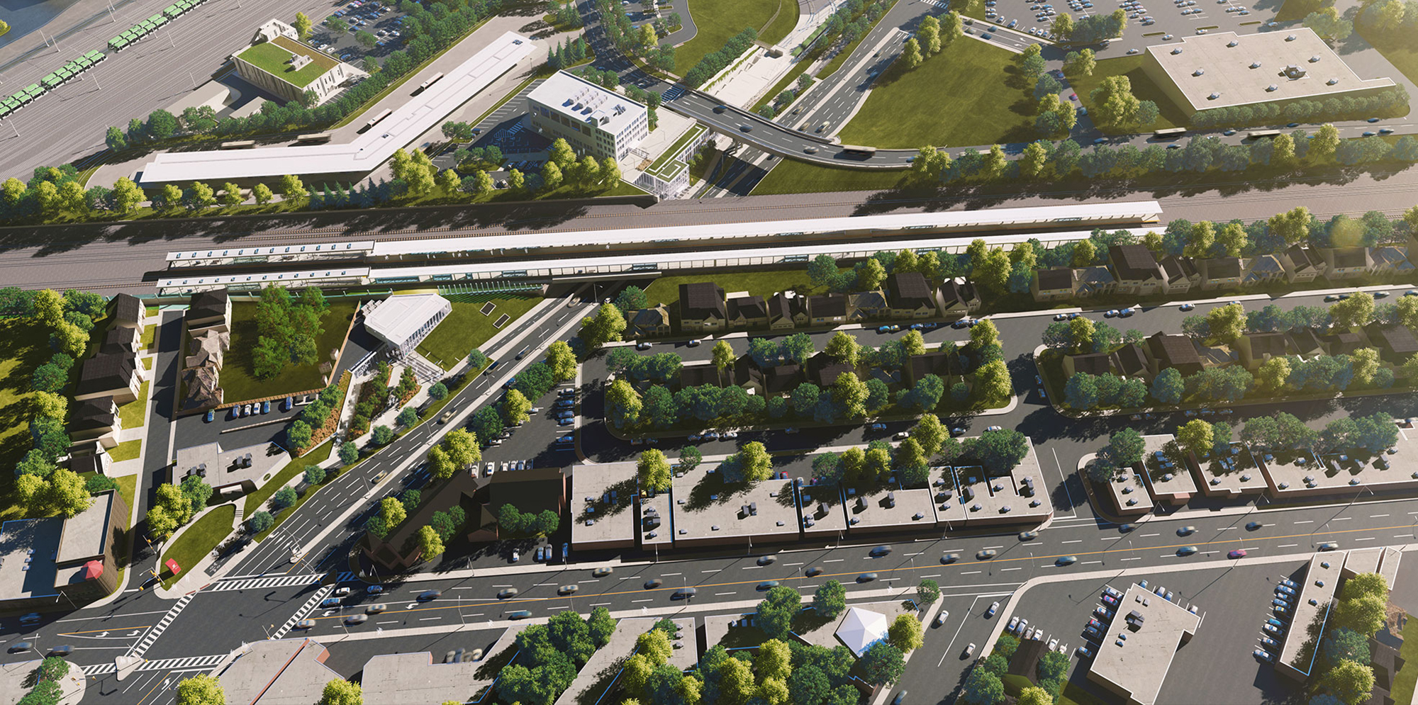 Aerial rendering of Eglinton Crosstown LRT going through a neighbourhood