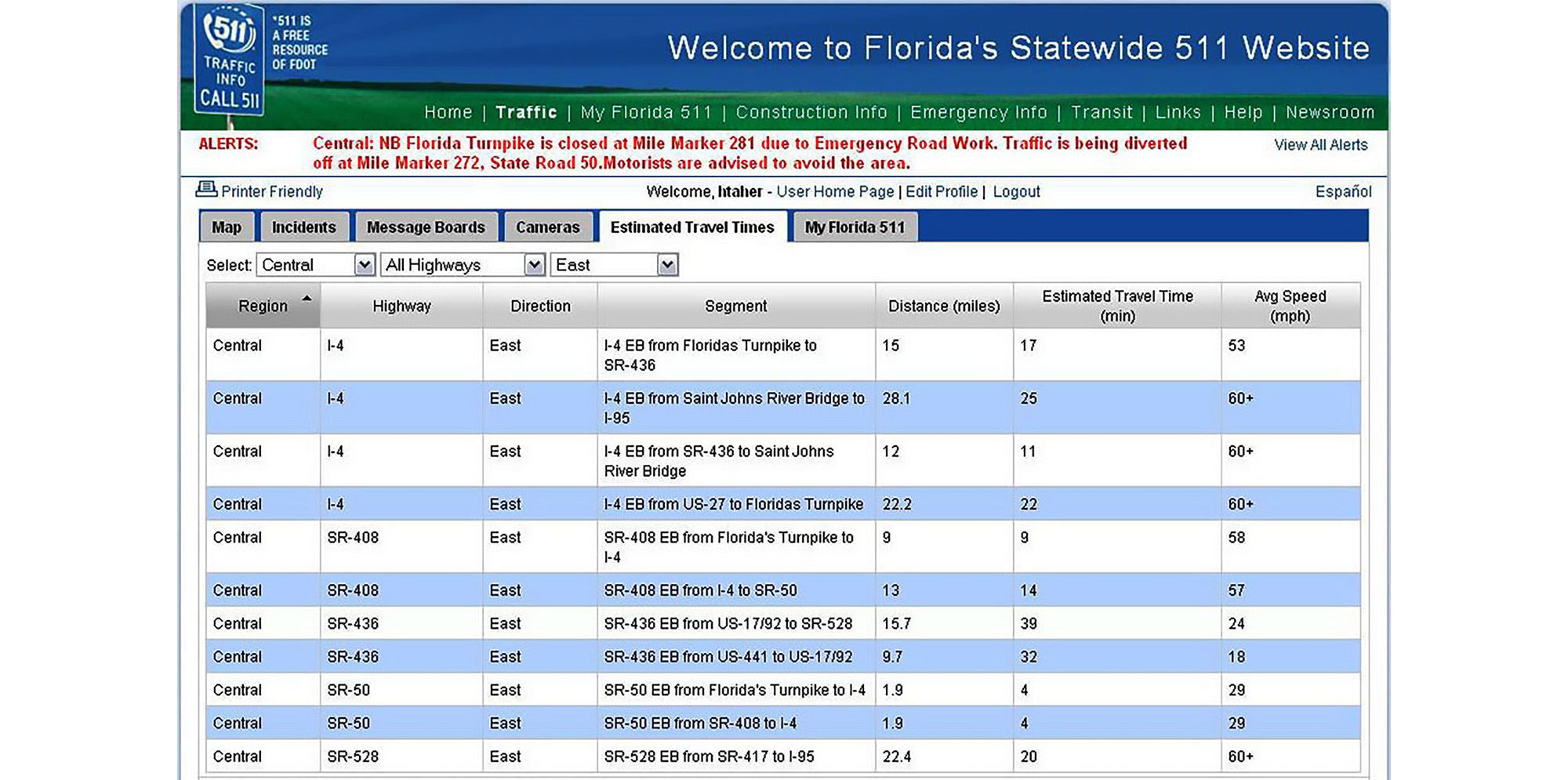 Florida511 Screenshot of data regarding estimated travel times. For full text, download project PDF below.