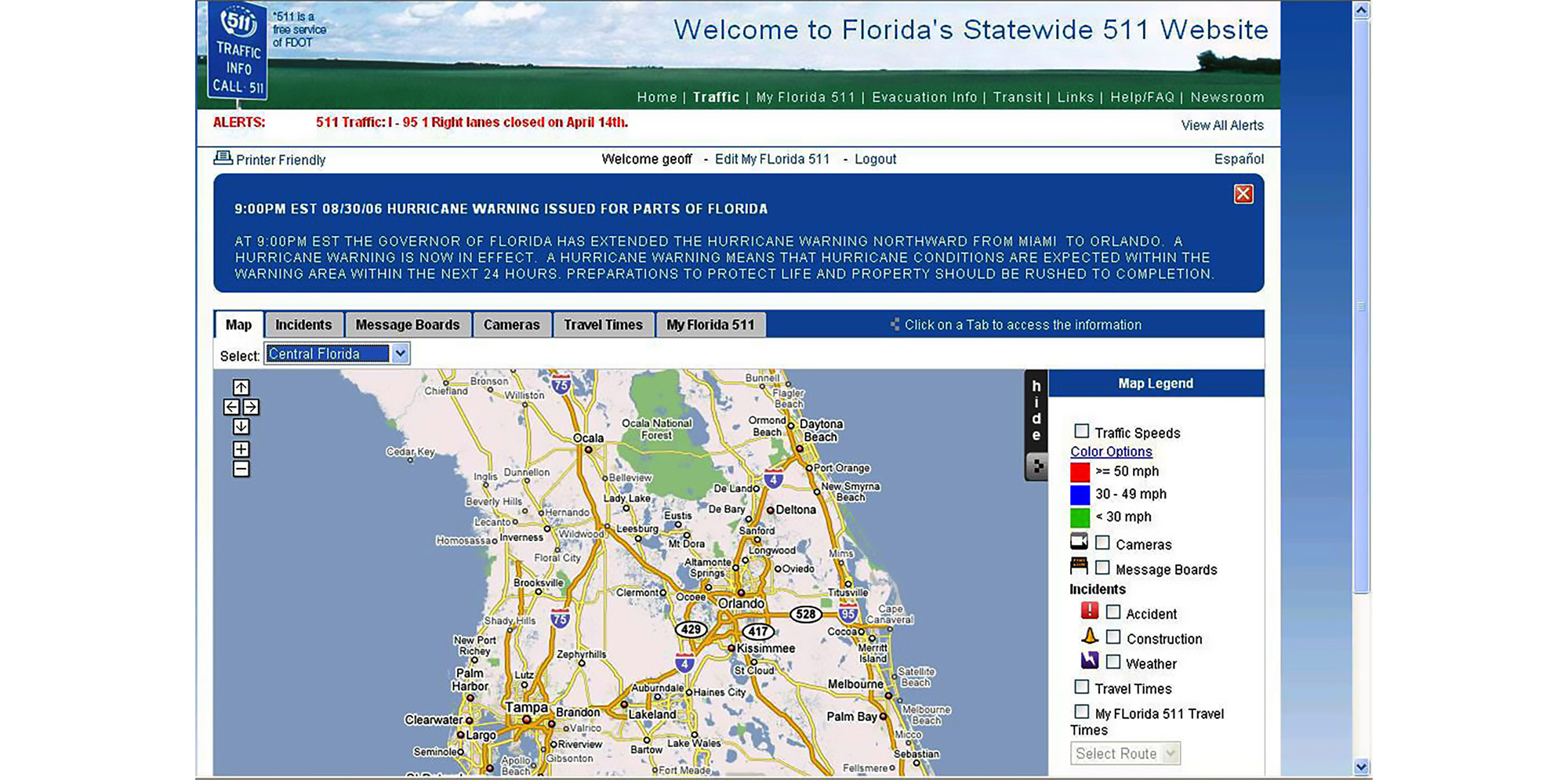 Florida511 Screenshot of map. For full text, download project PDF below.