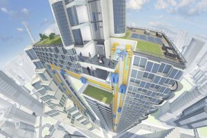 A rendering by ThyssenKrupp shows how the new rope-less elevator system works