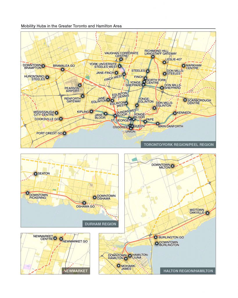 Map of mobility hubs in the GTA and Hamilton