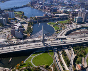 Aerial view of North Bank Bridge Park in Boston, MA