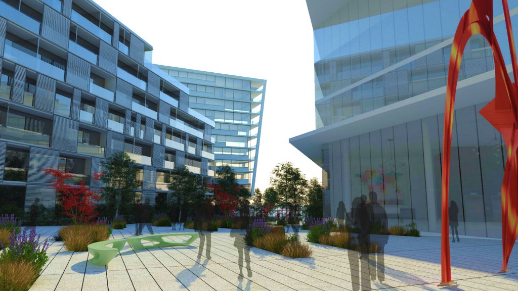 Queensway Master plan exterior rendering with people and buildings