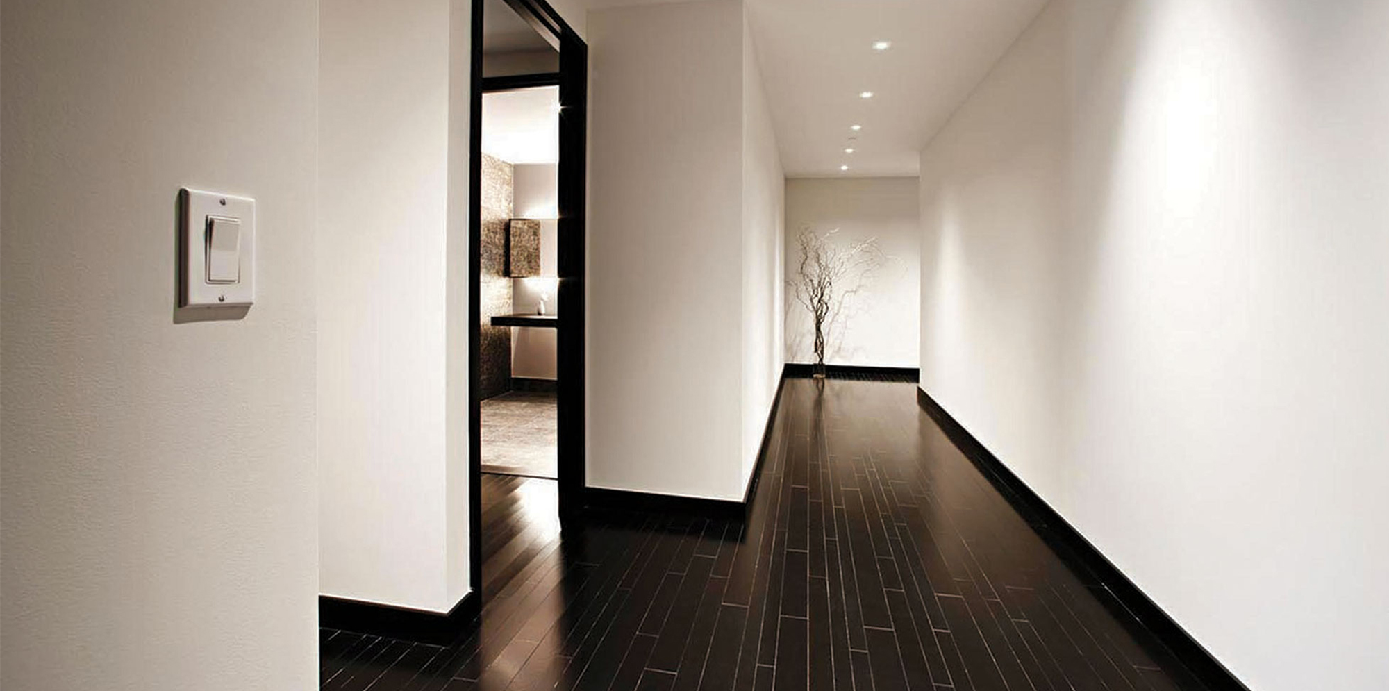 hallway with white walls and dark hardwood floors inside 20 Pine Street
