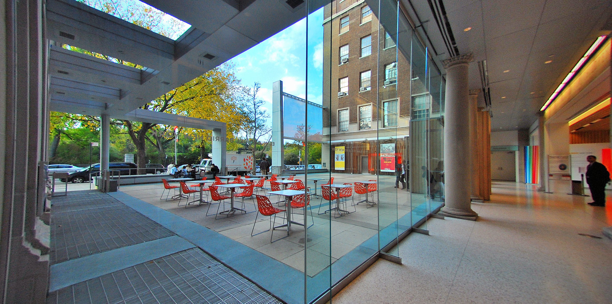 View of outdoor seating area at El Museo del Barrio from the inside