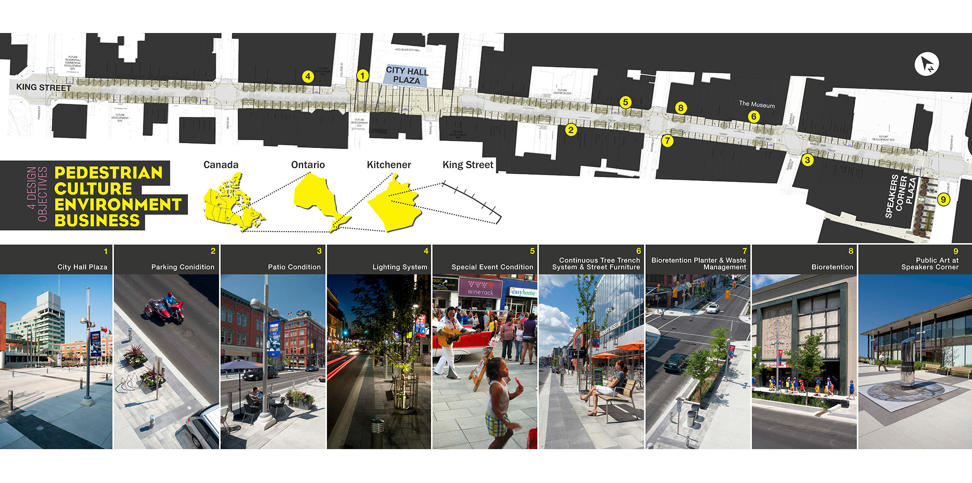 Map for pedestrian walkways on newly Reconstructed King street in Kitchener. Algonquin College Student Common Stormwater Management Concept. For full text, download project PDF below