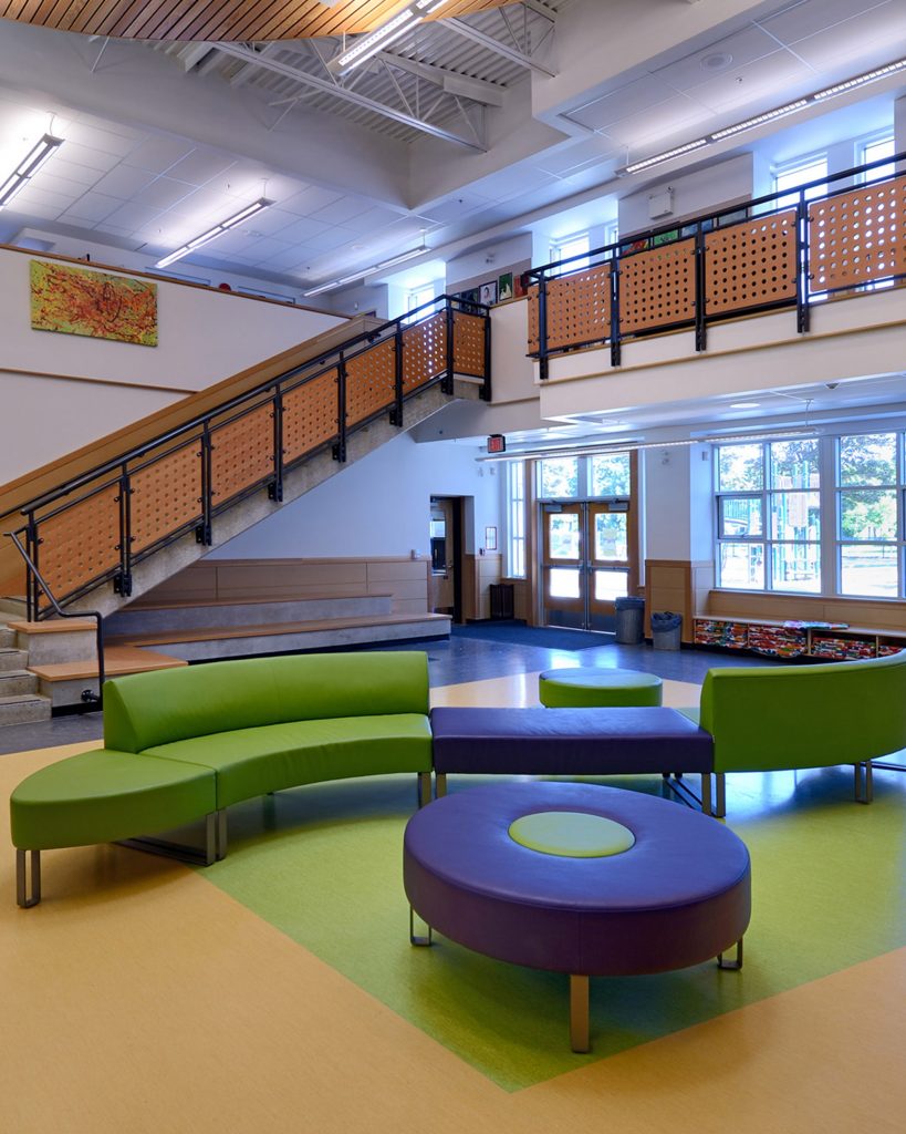 Seating area inside Lord Kitchener Elementary School in Vancouver