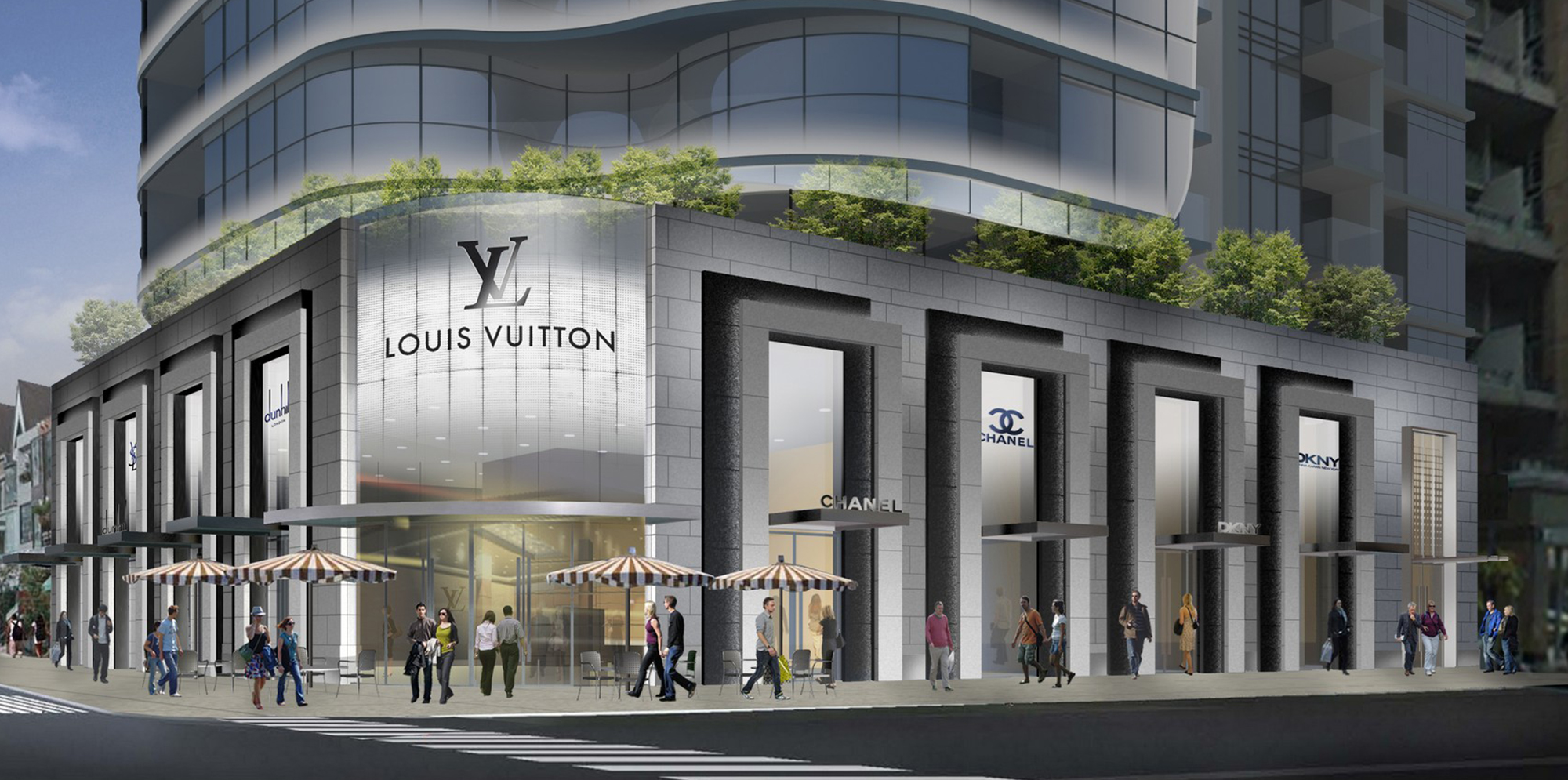 Louis Vuitton and Chanel part of Minto Yorkville Park exterior in Toronto