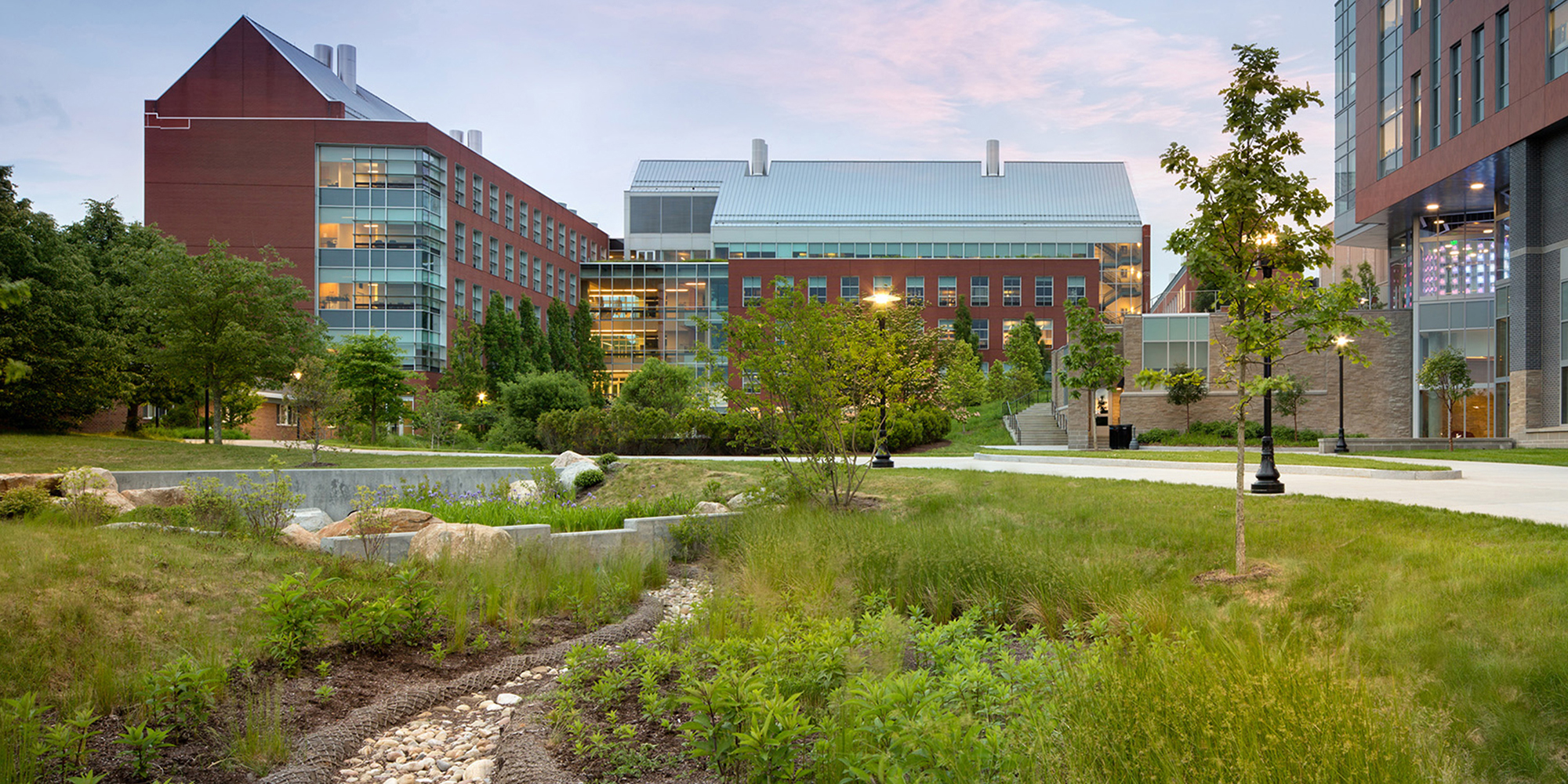 Bioswales and stormwater features at the Rhode Island Center for Chemical and Forensic Sciences