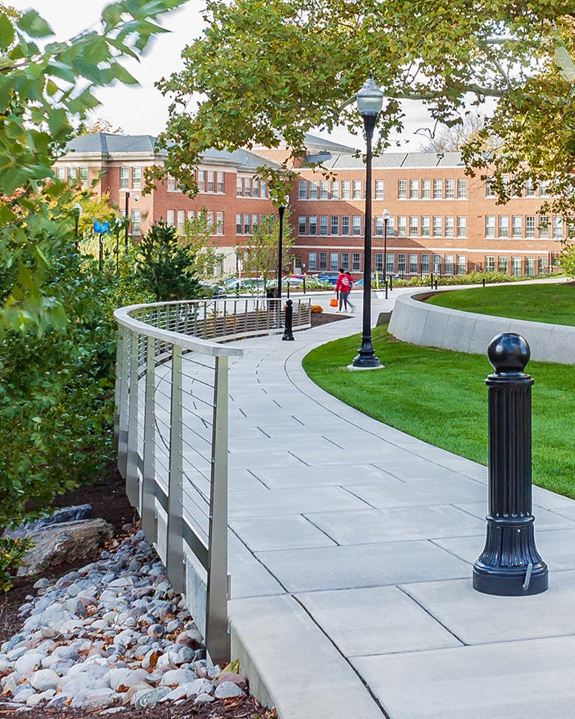 Pathways and bollard in University of Rochester Science and Engineering Quad