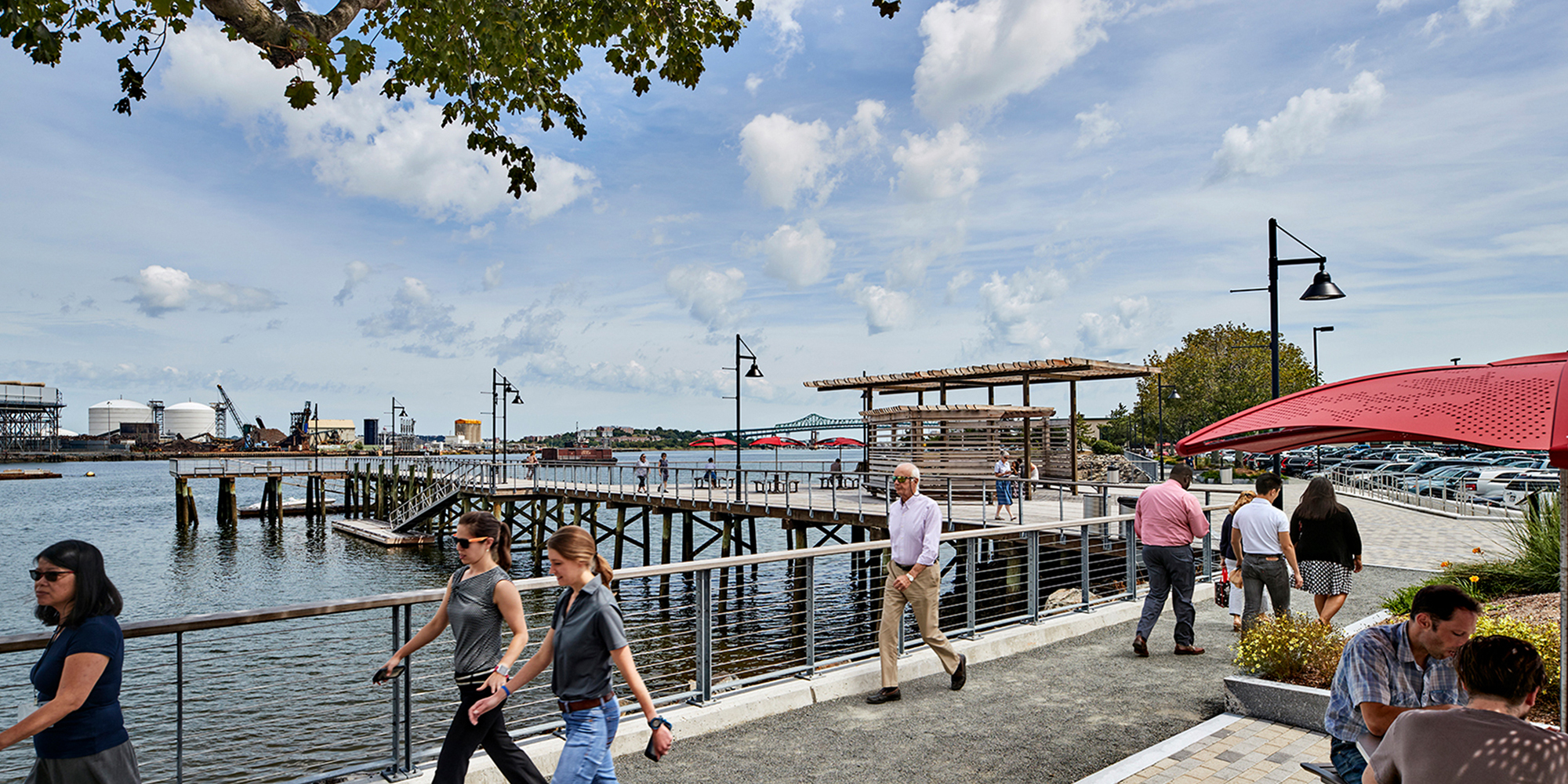 Pedestrian promenade connection to boat pier and waterfront at Schrafft’s City Center Boston