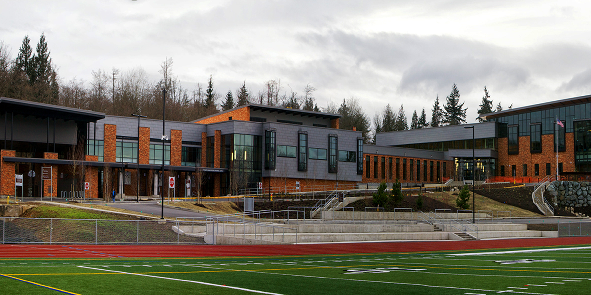Exterior view of Valley View Middle School with football field in the foreground